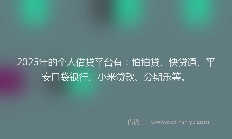 2025年的个人借贷平台有：拍拍贷、快贷通、平安口袋银行、小米贷款、分期乐等。