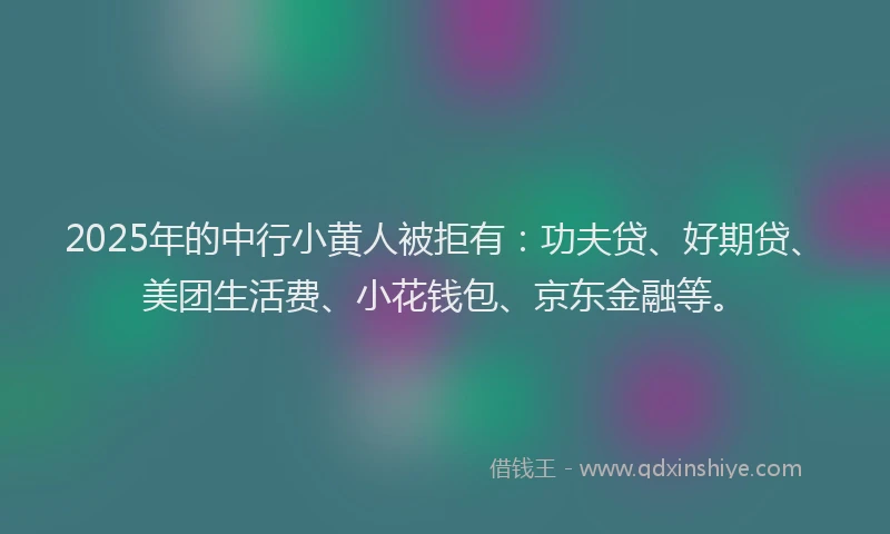 2025年的中行小黄人被拒有：功夫贷、好期贷、美团生活费、小花钱包、京东金融等。