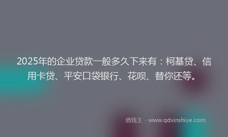 2025年的企业贷款一般多久下来有：柯基贷、信用卡贷、平安口袋银行、花呗、替你还等。