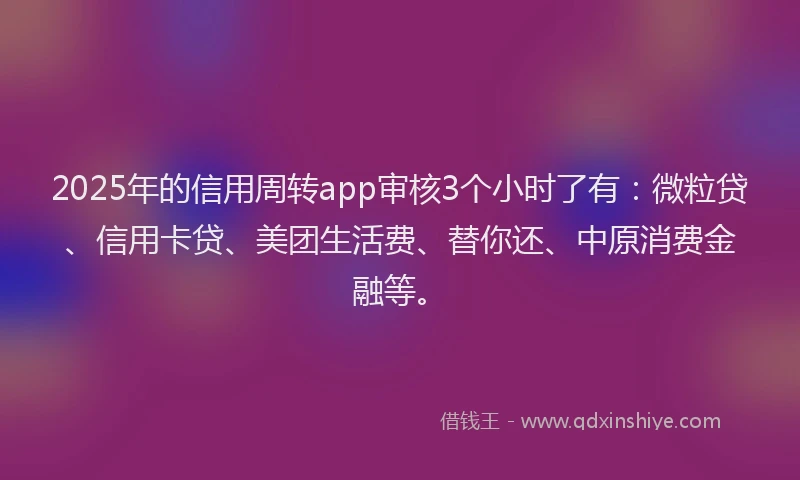 2025年的信用周转app审核3个小时了有：微粒贷、信用卡贷、美团生活费、替你还、中原消费金融等。