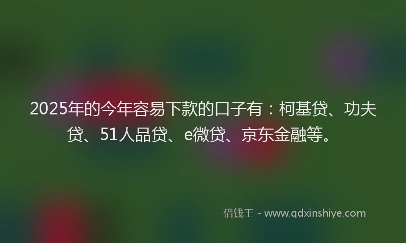 2025年的今年容易下款的口子有：柯基贷、功夫贷、51人品贷、e微贷、京东金融等。