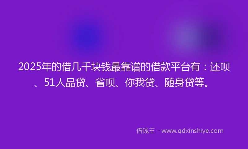 2025年的借几千块钱最靠谱的借款平台有：还呗、51人品贷、省呗、你我贷、随身贷等。