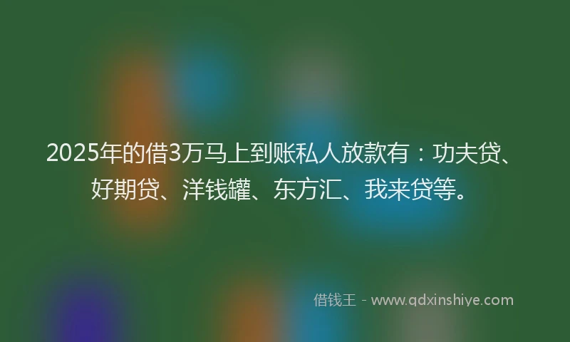 2025年的借3万马上到账私人放款有：功夫贷、好期贷、洋钱罐、东方汇、我来贷等。