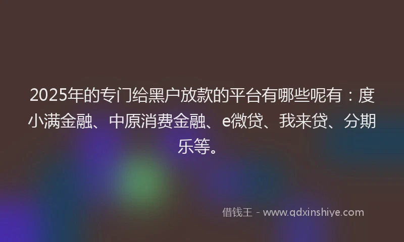 2025年的专门给黑户放款的平台有哪些呢有：度小满金融、中原消费金融、e微贷、我来贷、分期乐等。