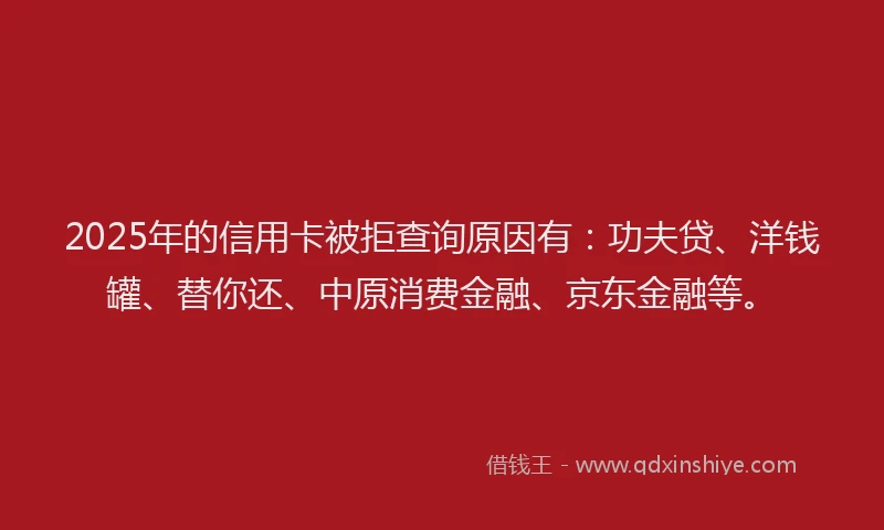 2025年的信用卡被拒查询原因有：功夫贷、洋钱罐、替你还、中原消费金融、京东金融等。