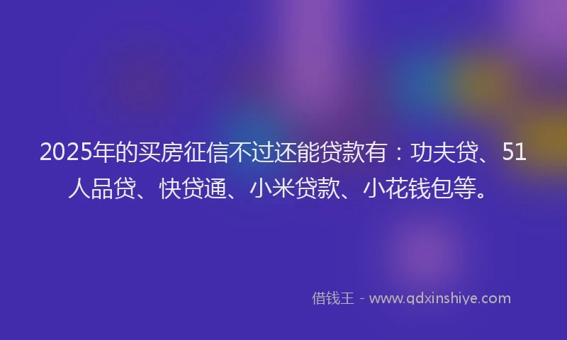 2025年的买房征信不过还能贷款有：功夫贷、51人品贷、快贷通、小米贷款、小花钱包等。