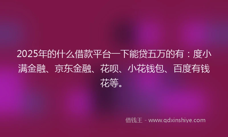 2025年的什么借款平台一下能贷五万的有：度小满金融、京东金融、花呗、小花钱包、百度有钱花等。