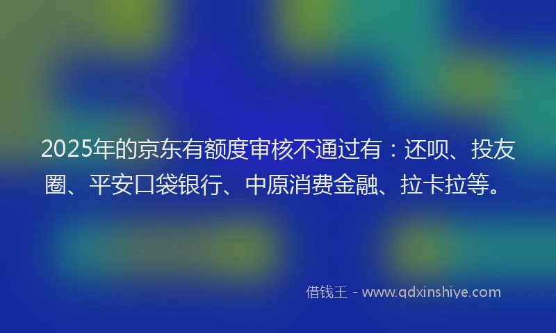 2025年的京东有额度审核不通过有：还呗、投友圈、平安口袋银行、中原消费金融、拉卡拉等。