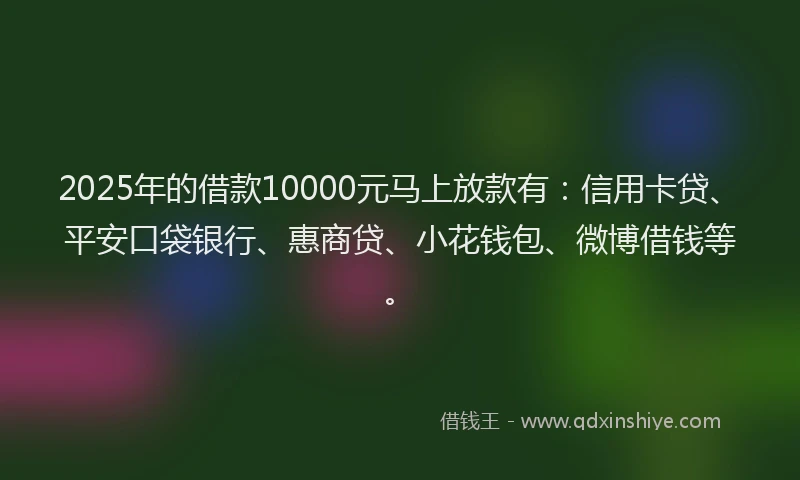 2025年的借款10000元马上放款有：信用卡贷、平安口袋银行、惠商贷、小花钱包、微博借钱等。
