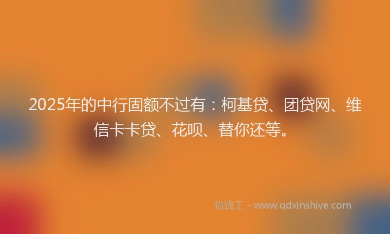 2025年的中行固额不过有：柯基贷、团贷网、维信卡卡贷、花呗、替你还等。