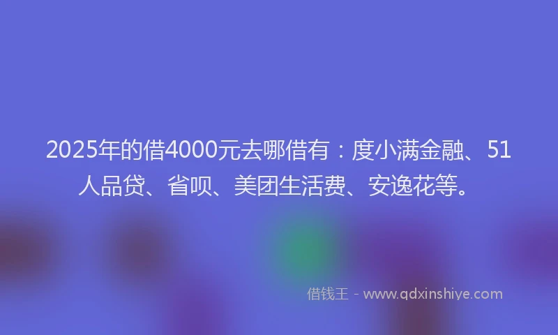 2025年的借4000元去哪借有：度小满金融、51人品贷、省呗、美团生活费、安逸花等。