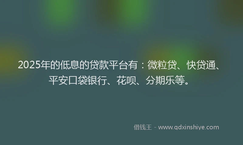 2025年的低息的贷款平台有：微粒贷、快贷通、平安口袋银行、花呗、分期乐等。