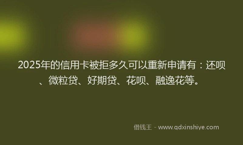 2025年的信用卡被拒多久可以重新申请有：还呗、微粒贷、好期贷、花呗、融逸花等。