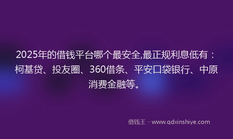 2025年的借钱平台哪个最安全,最正规利息低有：柯基贷、投友圈、360借条、平安口袋银行、中原消费金融等。
