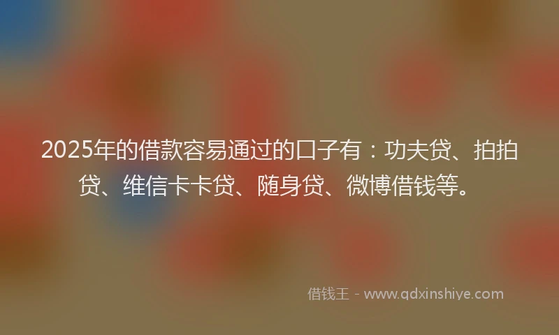 2025年的借款容易通过的口子有：功夫贷、拍拍贷、维信卡卡贷、随身贷、微博借钱等。