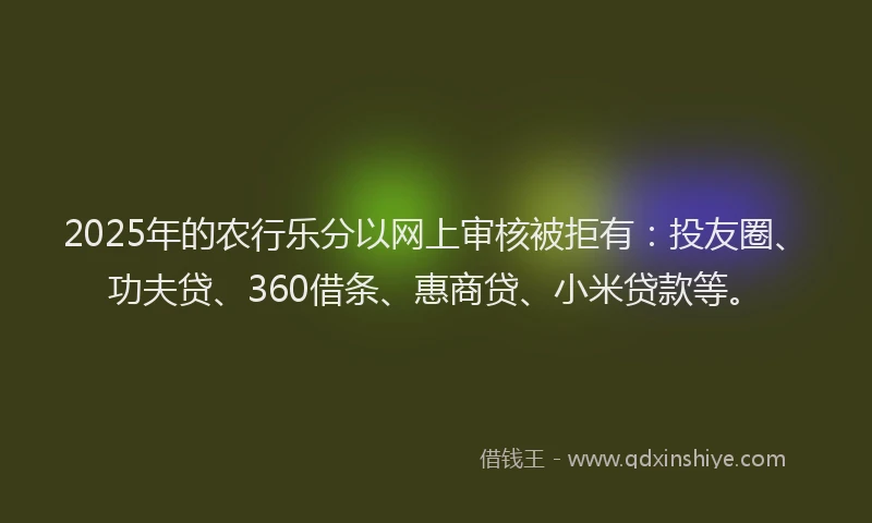 2025年的农行乐分以网上审核被拒有：投友圈、功夫贷、360借条、惠商贷、小米贷款等。