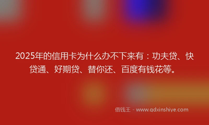 2025年的信用卡为什么办不下来有：功夫贷、快贷通、好期贷、替你还、百度有钱花等。