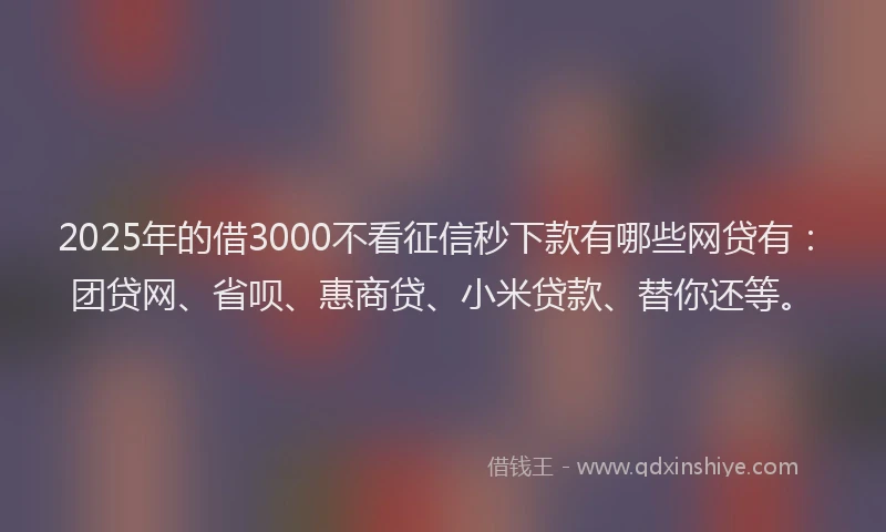 2025年的借3000不看征信秒下款有哪些网贷有：团贷网、省呗、惠商贷、小米贷款、替你还等。