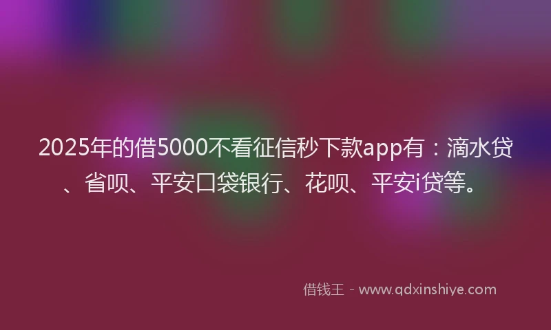 2025年的借5000不看征信秒下款app有：滴水贷、省呗、平安口袋银行、花呗、平安i贷等。