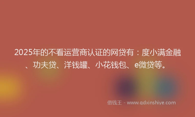 2025年的不看运营商认证的网贷有：度小满金融、功夫贷、洋钱罐、小花钱包、e微贷等。
