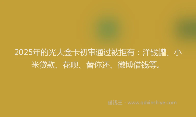 2025年的光大金卡初审通过被拒有：洋钱罐、小米贷款、花呗、替你还、微博借钱等。