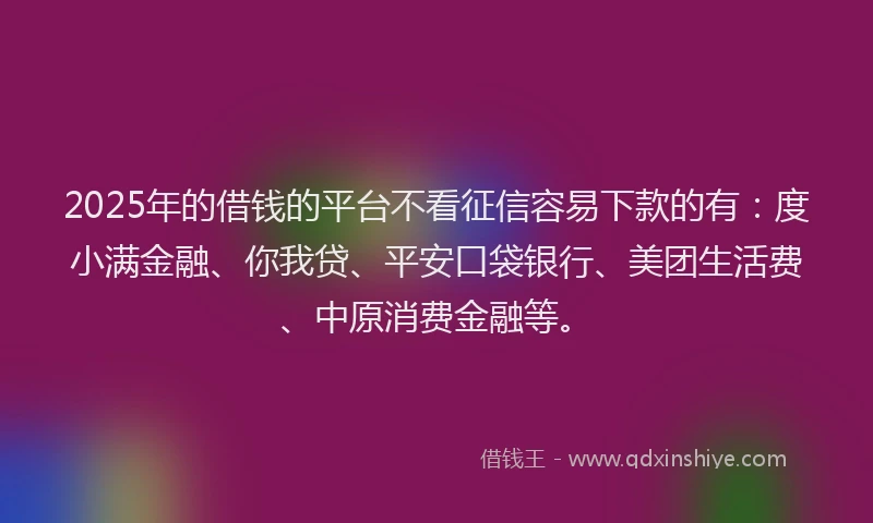 2025年的借钱的平台不看征信容易下款的有：度小满金融、你我贷、平安口袋银行、美团生活费、中原消费金融等。