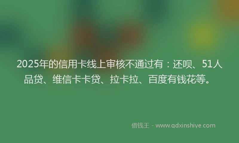 2025年的信用卡线上审核不通过有：还呗、51人品贷、维信卡卡贷、拉卡拉、百度有钱花等。