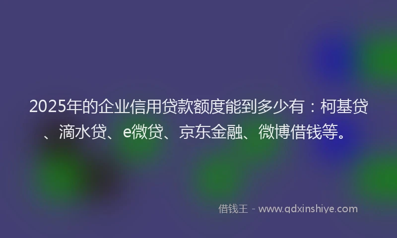 2025年的企业信用贷款额度能到多少有：柯基贷、滴水贷、e微贷、京东金融、微博借钱等。