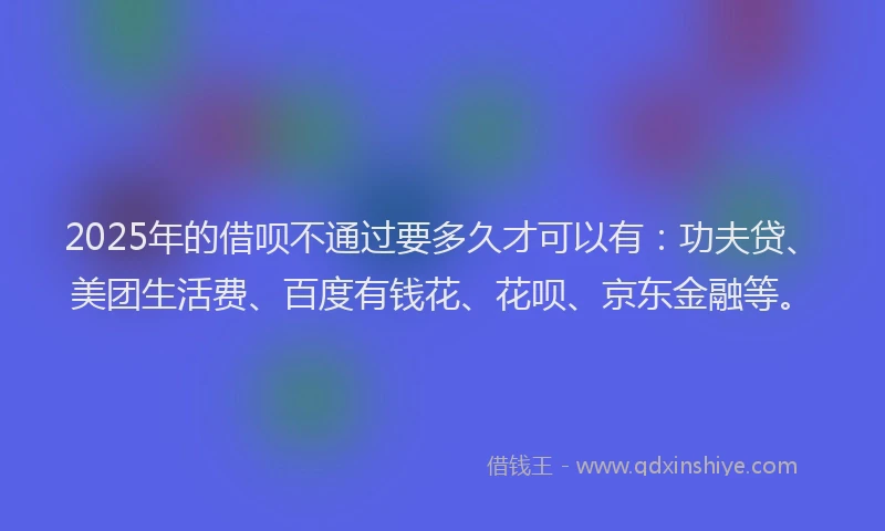 2025年的借呗不通过要多久才可以有：功夫贷、美团生活费、百度有钱花、花呗、京东金融等。