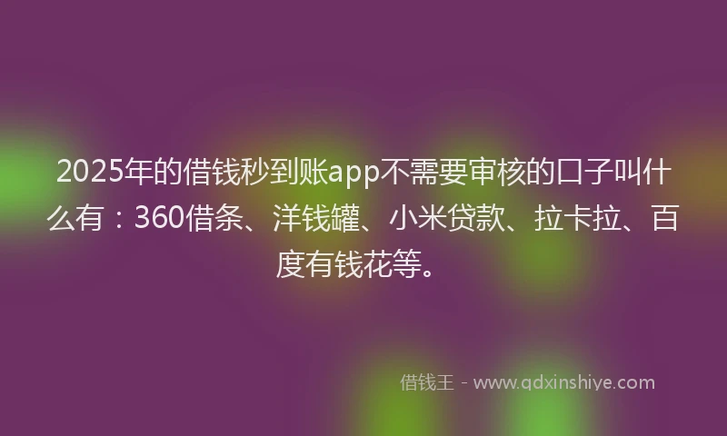 2025年的借钱秒到账app不需要审核的口子叫什么有：360借条、洋钱罐、小米贷款、拉卡拉、百度有钱花等。