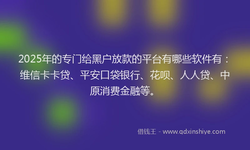 2025年的专门给黑户放款的平台有哪些软件有：维信卡卡贷、平安口袋银行、花呗、人人贷、中原消费金融等。
