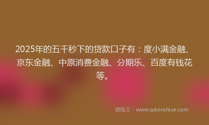 2025年的五千秒下的贷款口子有：度小满金融、京东金融、中原消费金融、分期乐、百度有钱花等。