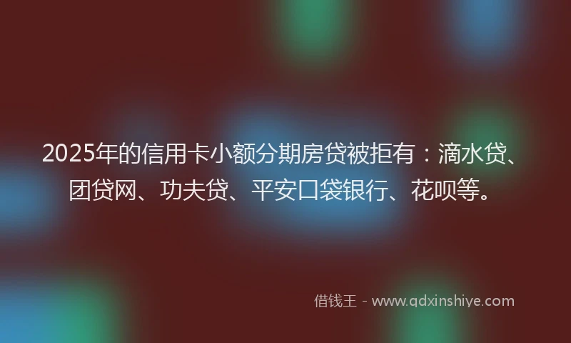 2025年的信用卡小额分期房贷被拒有：滴水贷、团贷网、功夫贷、平安口袋银行、花呗等。