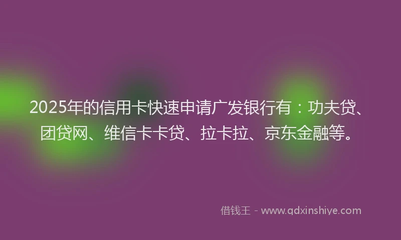 2025年的信用卡快速申请广发银行有：功夫贷、团贷网、维信卡卡贷、拉卡拉、京东金融等。