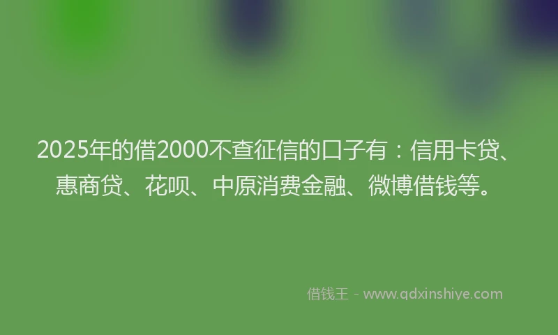2025年的借2000不查征信的口子有：信用卡贷、惠商贷、花呗、中原消费金融、微博借钱等。