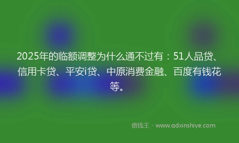 2025年的临额调整为什么通不过有：51人品贷、信用卡贷、平安i贷、中原消费金融、百度有钱花等。