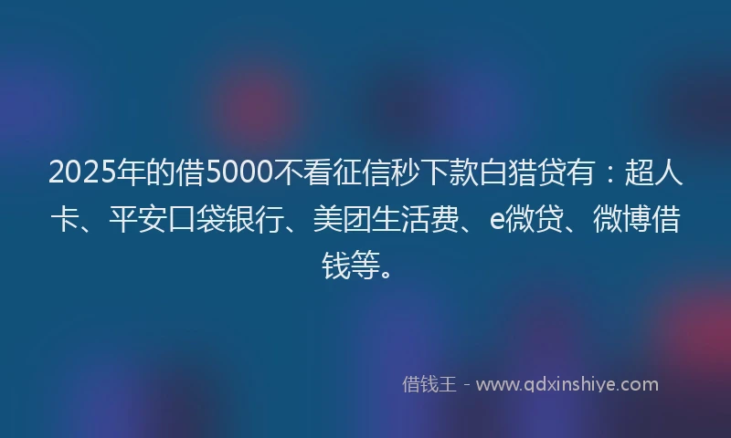 2025年的借5000不看征信秒下款白猎贷有：超人卡、平安口袋银行、美团生活费、e微贷、微博借钱等。