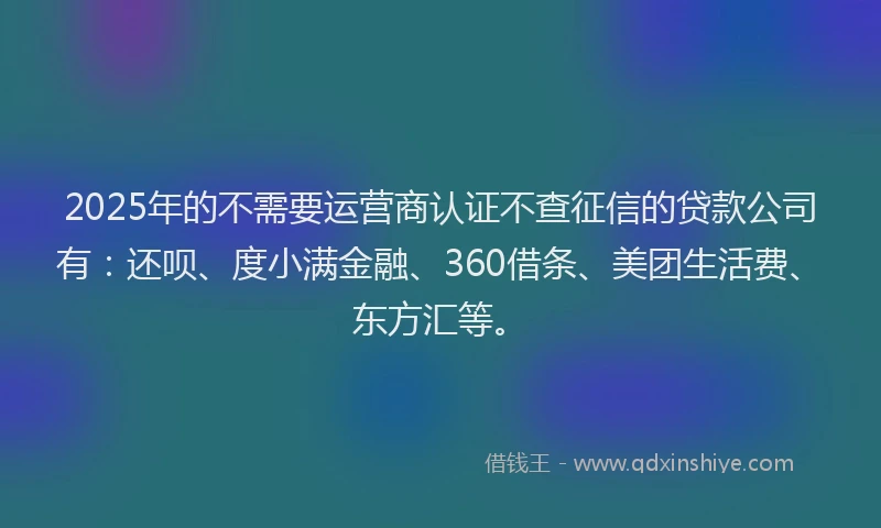 2025年的不需要运营商认证不查征信的贷款公司有：还呗、度小满金融、360借条、美团生活费、东方汇等。