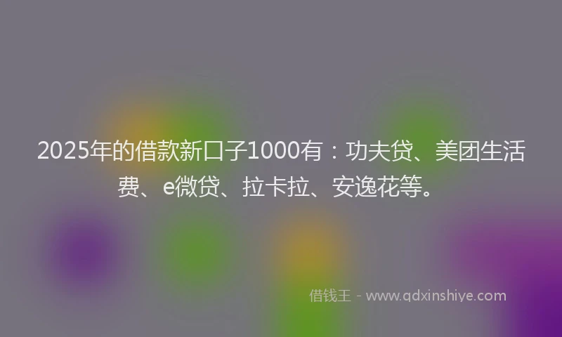 2025年的借款新口子1000有：功夫贷、美团生活费、e微贷、拉卡拉、安逸花等。
