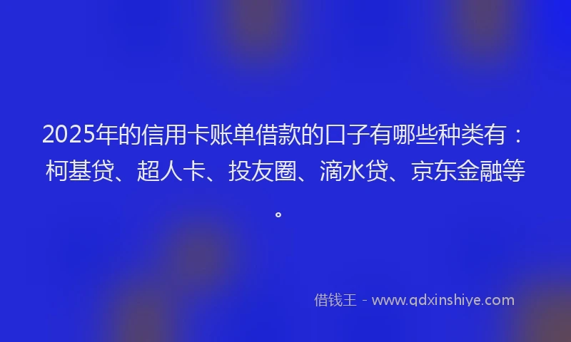 2025年的信用卡账单借款的口子有哪些种类有：柯基贷、超人卡、投友圈、滴水贷、京东金融等。