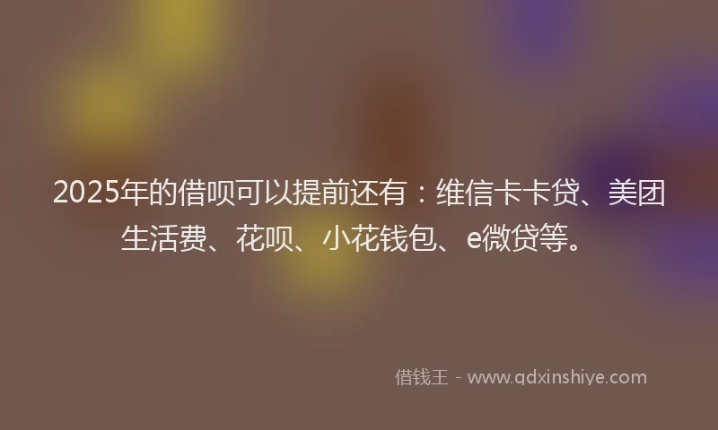 2025年的借呗可以提前还有：维信卡卡贷、美团生活费、花呗、小花钱包、e微贷等。