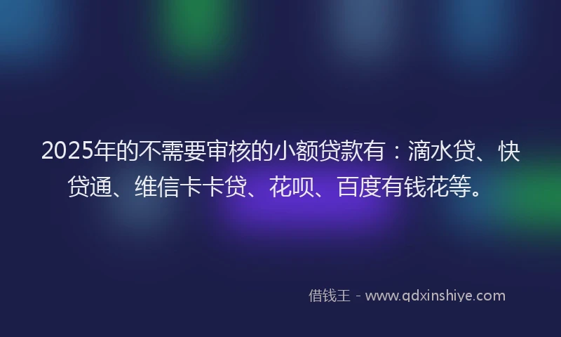 2025年的不需要审核的小额贷款有：滴水贷、快贷通、维信卡卡贷、花呗、百度有钱花等。