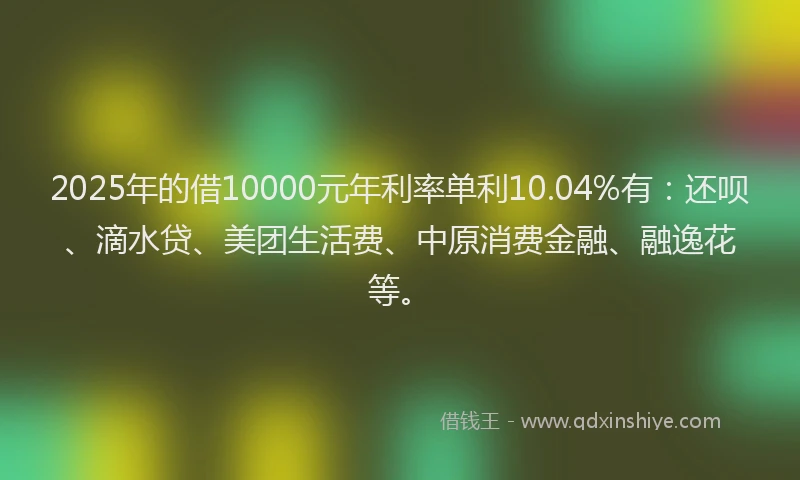 2025年的借10000元年利率单利10.04%有：还呗、滴水贷、美团生活费、中原消费金融、融逸花等。