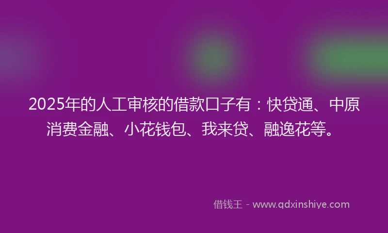 2025年的人工审核的借款口子有：快贷通、中原消费金融、小花钱包、我来贷、融逸花等。