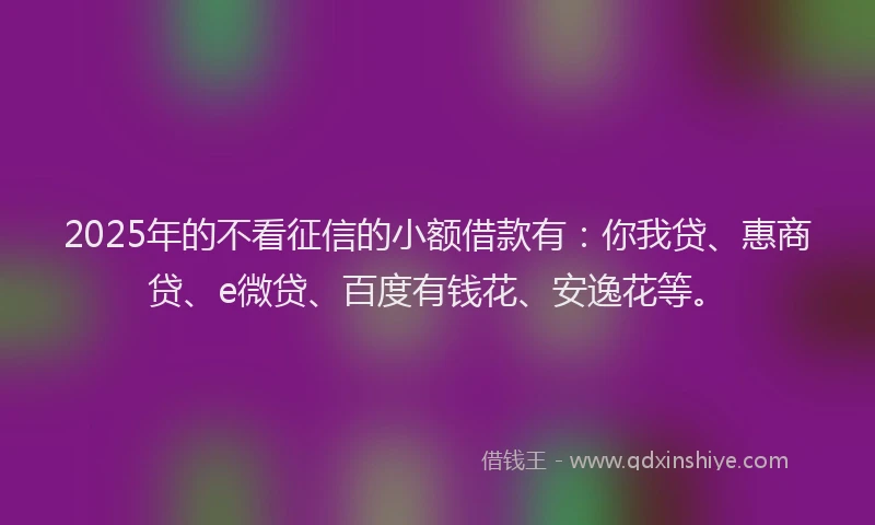 2025年的不看征信的小额借款有：你我贷、惠商贷、e微贷、百度有钱花、安逸花等。