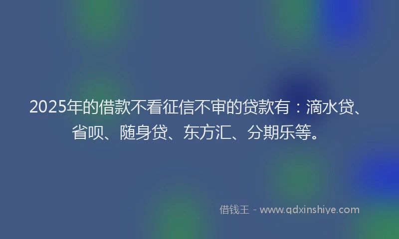 2025年的借款不看征信不审的贷款有：滴水贷、省呗、随身贷、东方汇、分期乐等。
