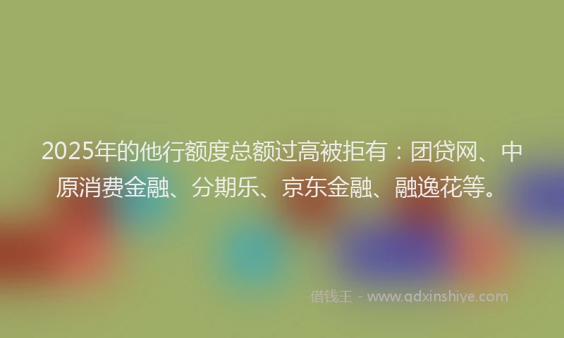 2025年的他行额度总额过高被拒有：团贷网、中原消费金融、分期乐、京东金融、融逸花等。