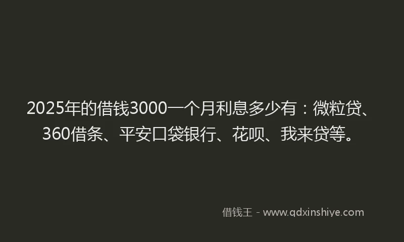 2025年的借钱3000一个月利息多少有：微粒贷、360借条、平安口袋银行、花呗、我来贷等。