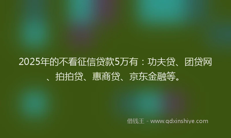 2025年的不看征信贷款5万有：功夫贷、团贷网、拍拍贷、惠商贷、京东金融等。