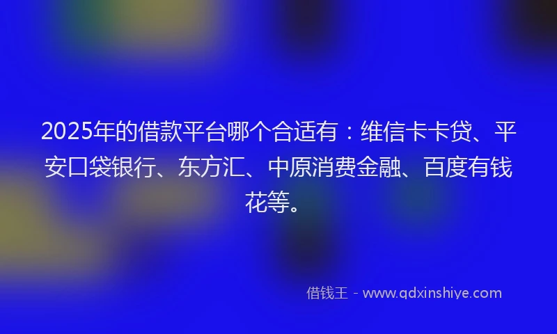 2025年的借款平台哪个合适有：维信卡卡贷、平安口袋银行、东方汇、中原消费金融、百度有钱花等。